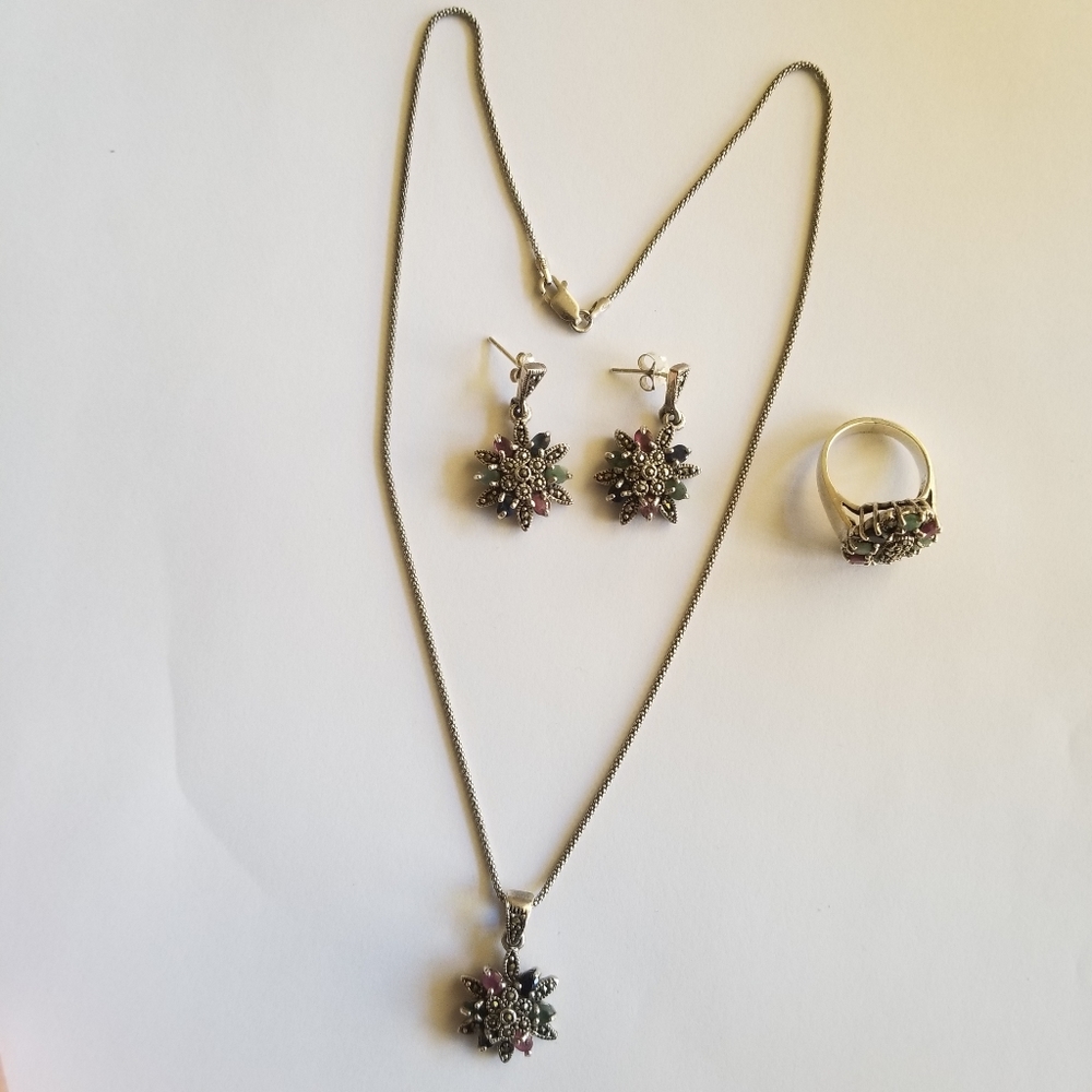 Sterling silver necklace earrings ring